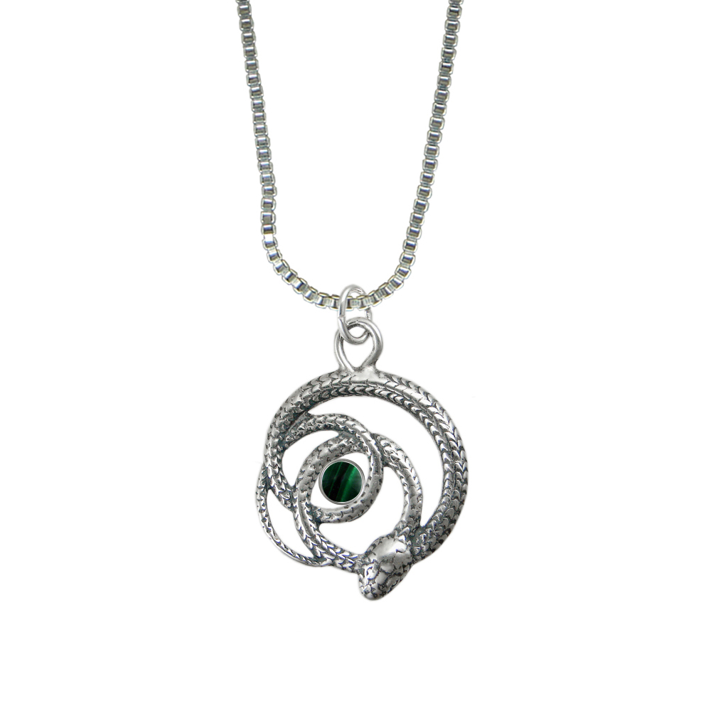 Sterling Silver Coiled Serpent Pendant With Malachite